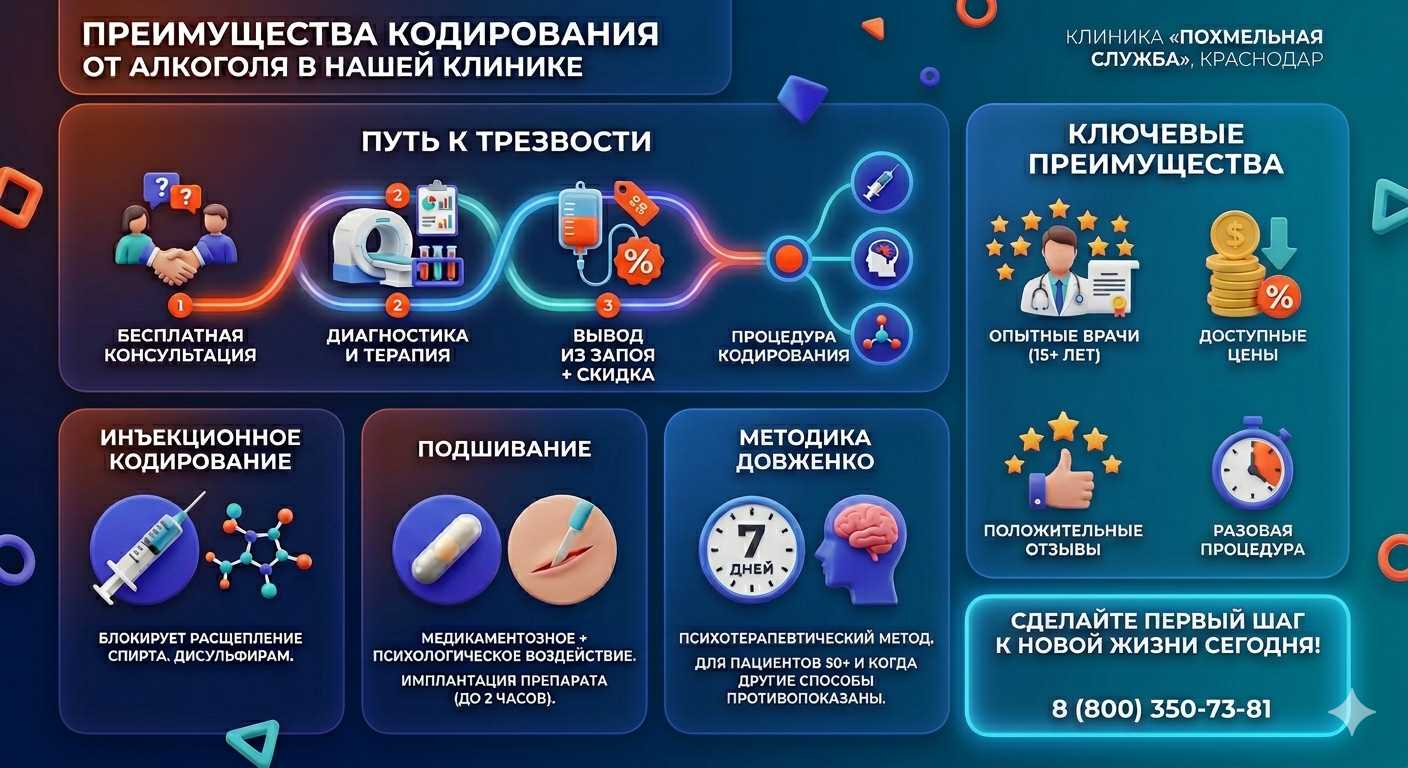 Инфографика о методах кодирования от алкоголя в городе Юрюзань: инъекции, подшивание, метод Довженко. Преимущества клиники и этапы лечения.